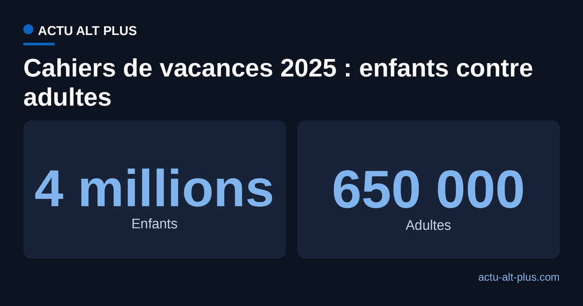Ventes de cahiers de vacances en France en 2025 : environ 4 millions pour les enfants, 650 000 pour les adultes.