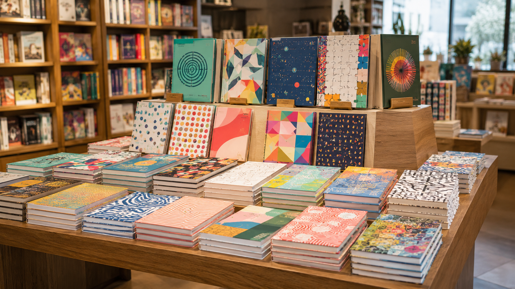 Une table de présentation en librairie couverte de cahiers de jeux et d'activités colorés pour adultes
