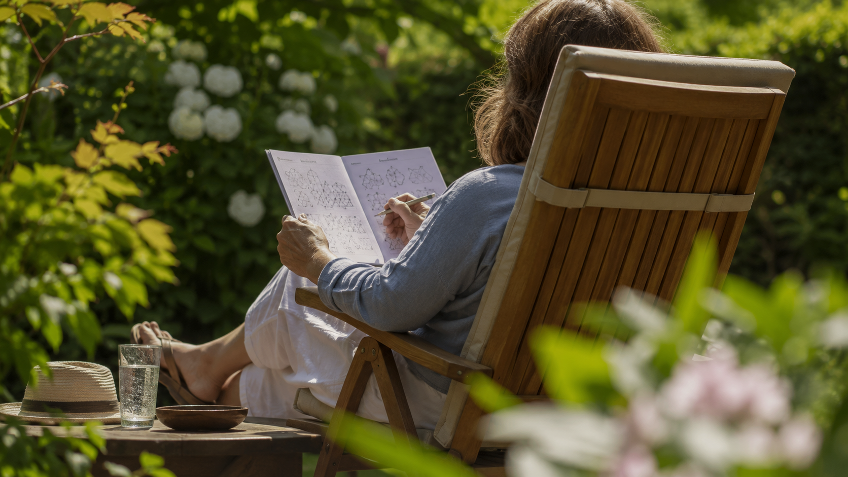 Un adulte vu de dos sur une chaise longue dans un jardin, tenant un cahier de jeux et un stylo