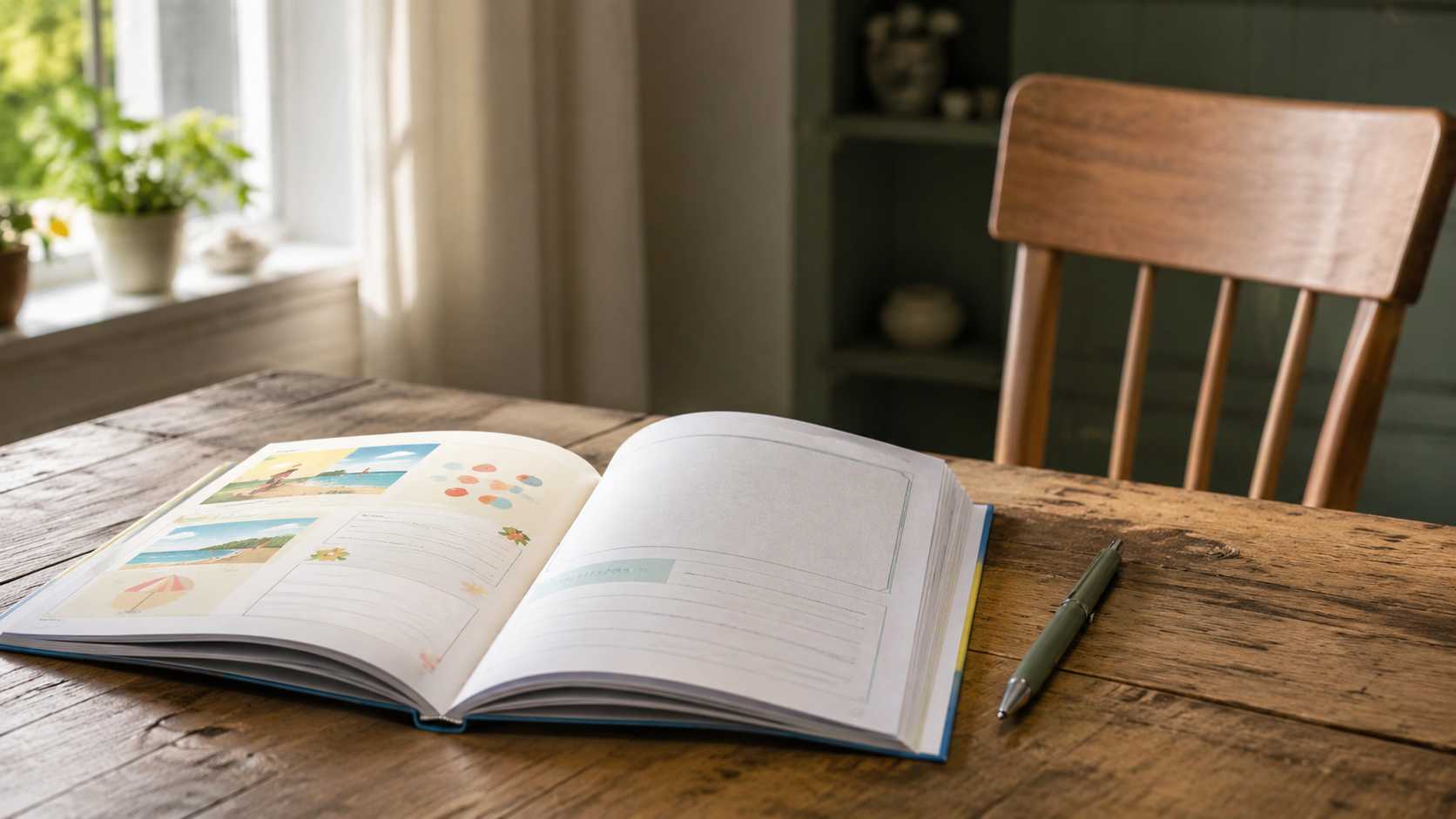 Un cahier de vacances ouvert sur une page à moitié vide, un stylo posé dessus, sur une table de bois en pleine lumière du matin.