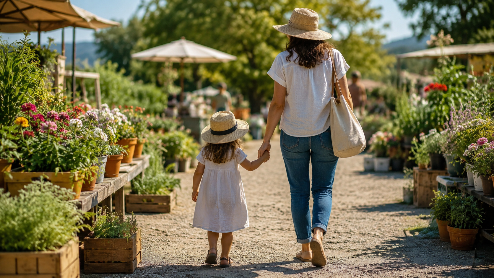 Un parent et un enfant vus de dos, marchant ensemble dans un jardin ensoleillé, l'enfant tendant le doigt vers quelque chose.