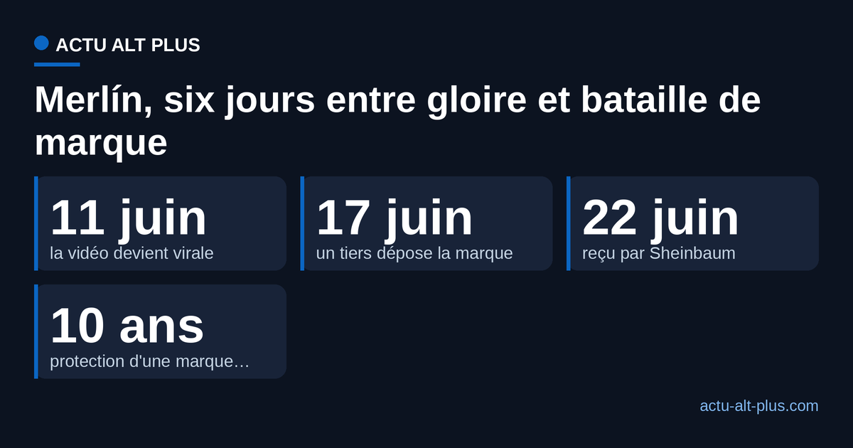 Chronologie Merlín : viral le 11 juin, dépôt d'un tiers le 17 juin, reçu par Sheinbaum le 22 juin ; en France, une marque INPI protège 10 ans