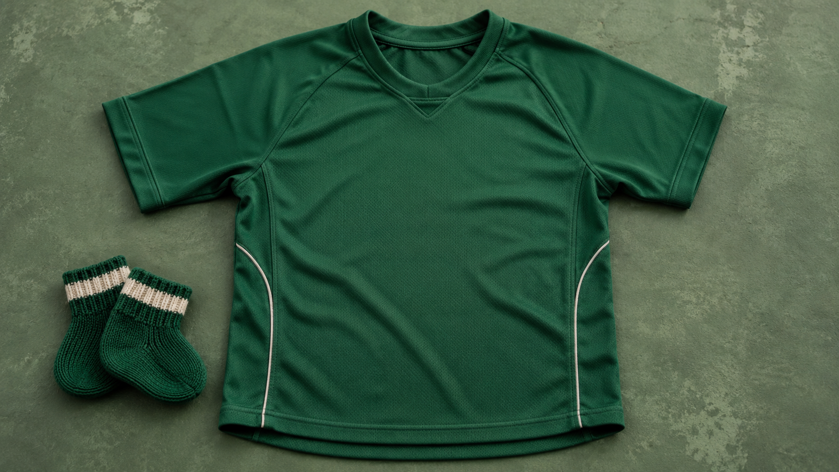 Un maillot de football vert neutre posé à plat avec de petites chaussettes tricotées
