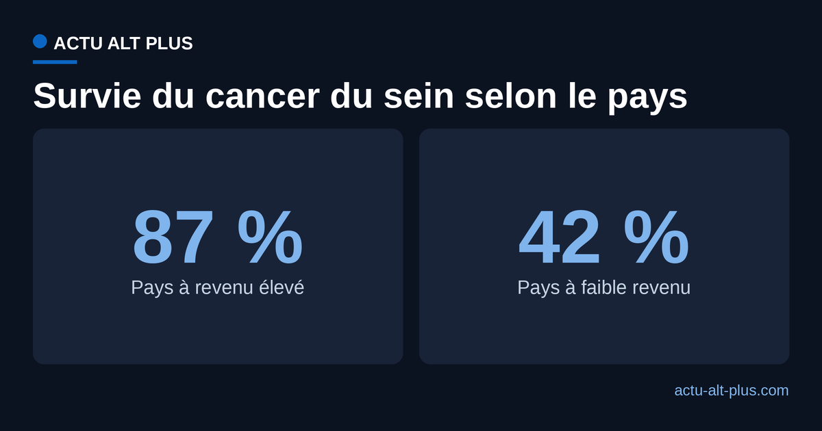 Survie à cinq ans du cancer du sein : 87 % dans les pays à revenu élevé, 42 % dans les pays à faible revenu.