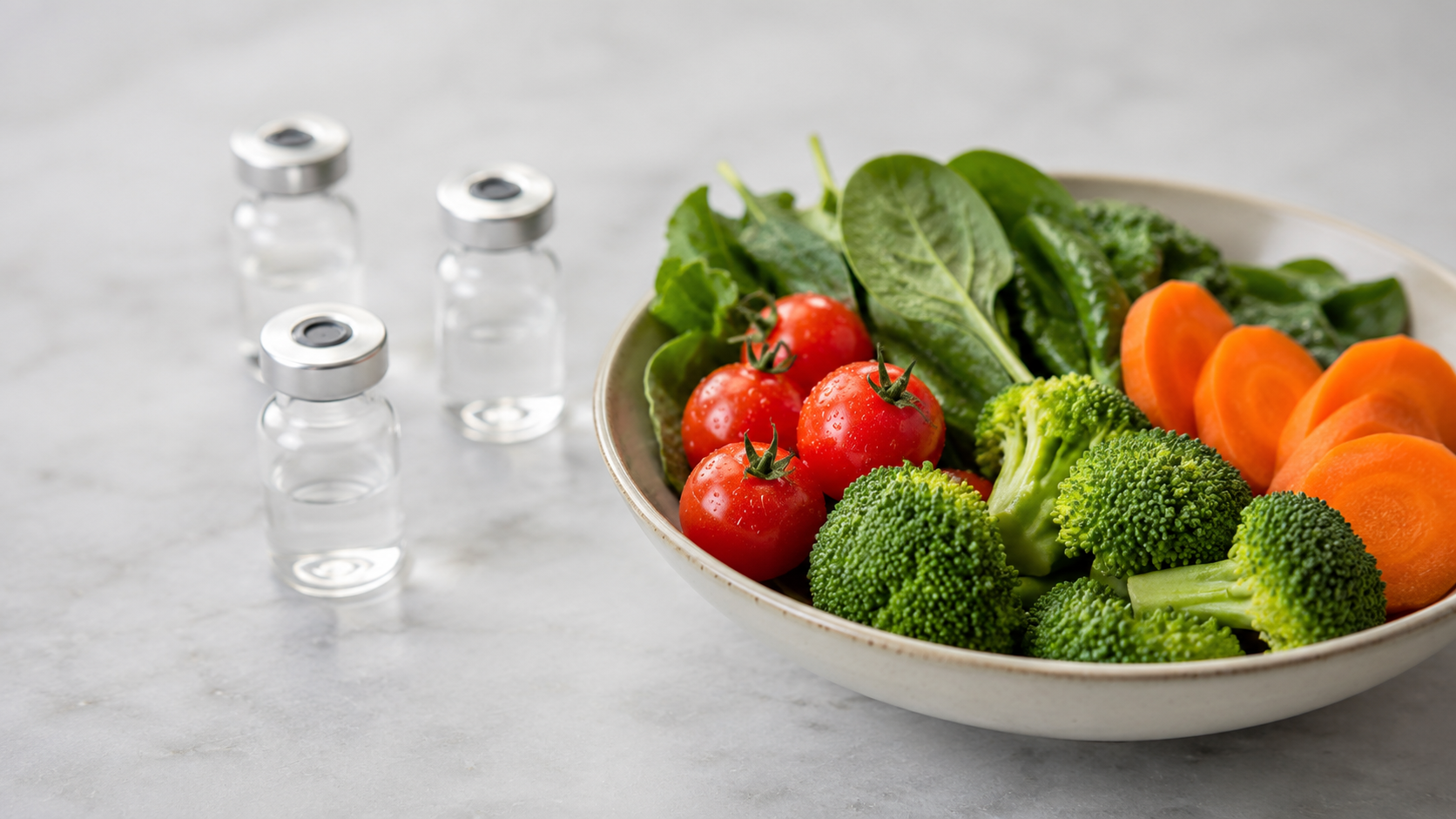 Nature morte sobre de flacons de vaccin anonymes et de légumes frais sur une surface clinique neutre
