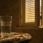 Un verre d'eau sur une table près d'une fenêtre aux volets mi-clos, dans un appartement chaud et silencieux