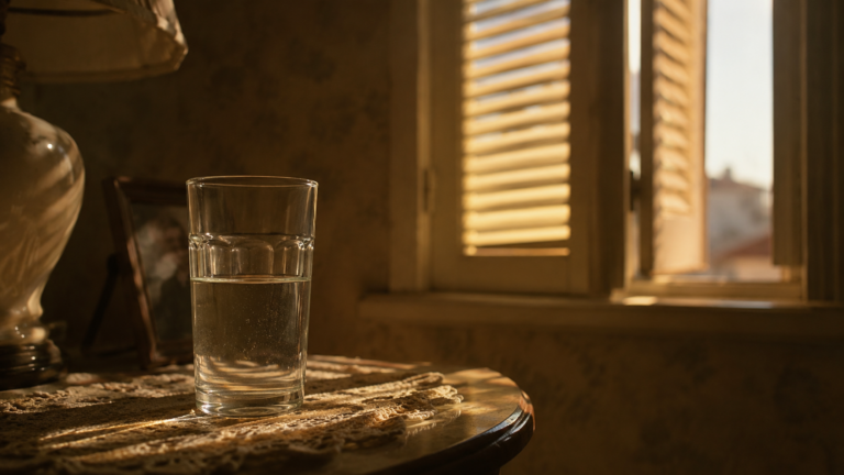 Un verre d'eau sur une table près d'une fenêtre aux volets mi-clos, dans un appartement chaud et silencieux