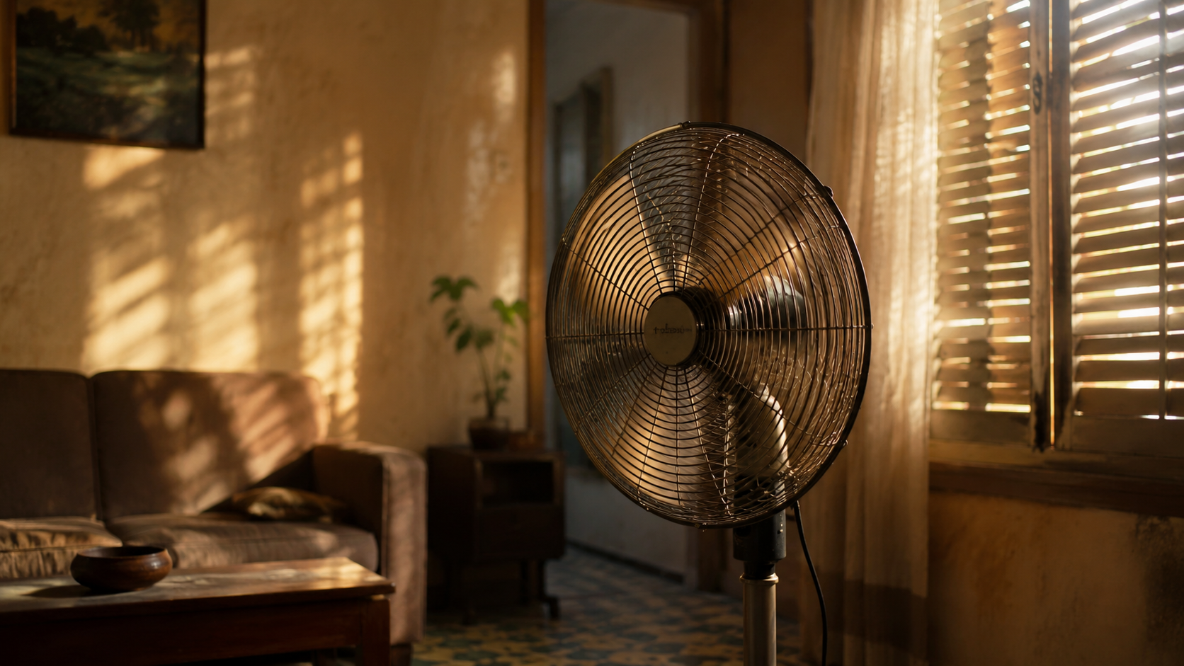 Un ventilateur électrique en marche dans un salon aux volets mi-clos pendant la canicule