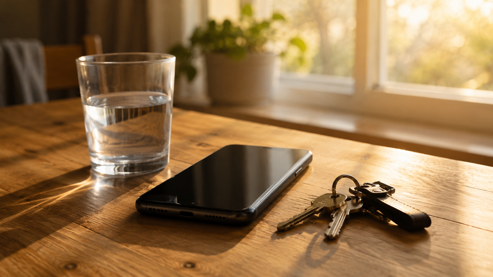Un smartphone posé sur une table de cuisine près d'un verre d'eau et d'un trousseau de clés