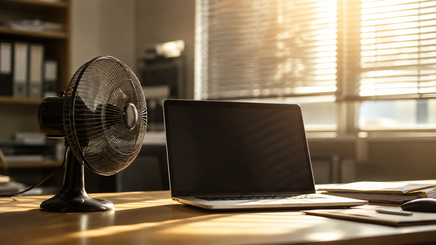 Un bureau pendant une canicule, un ventilateur à côté d'un ordinateur portable et des stores à moitié fermés