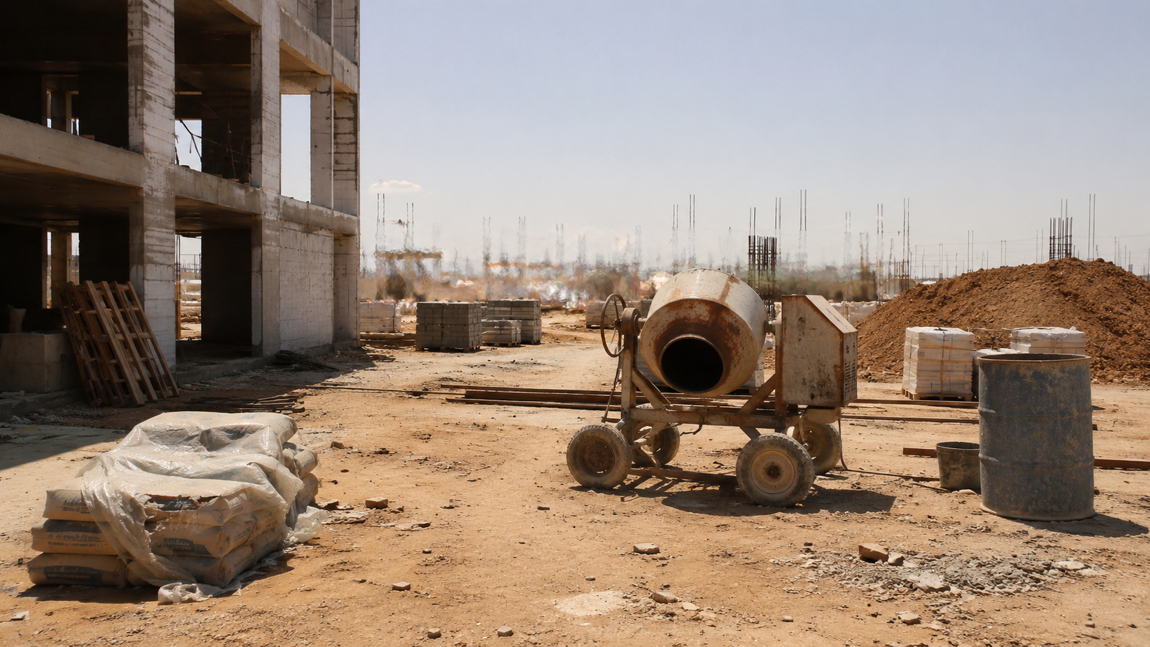 Un chantier désert à midi pendant une canicule, outils et matériaux laissés en place, sans ouvrier