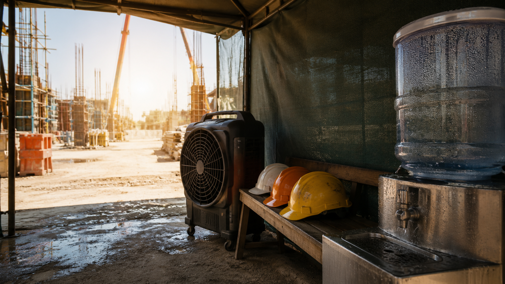 Un coin de repos ombragé sur un chantier avec ventilateur et fontaine à eau couverte, des casques posés sur un banc.