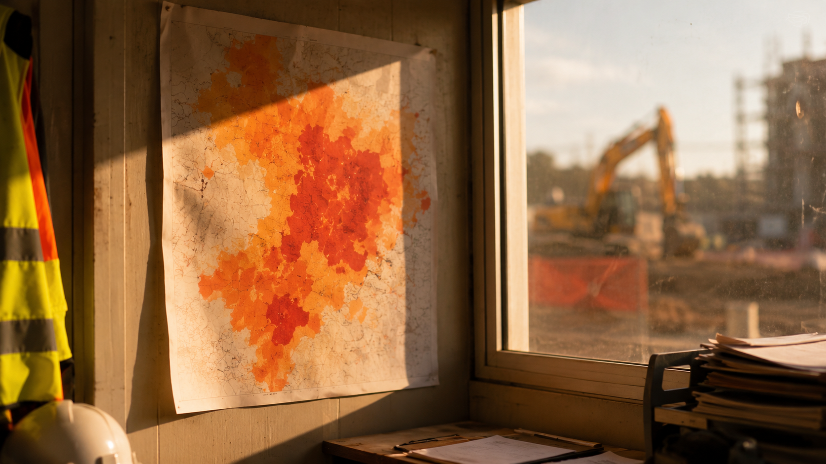 Une carte d'alerte chaleur teintée d'orange et de rouge affichée près d'une fenêtre de bureau de chantier.