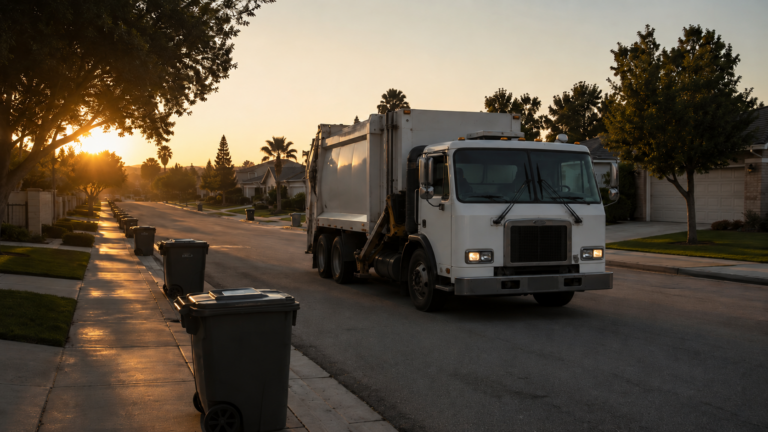 Un camion-benne remonte une rue résidentielle déserte au lever du jour, bacs alignés sur le trottoir.
