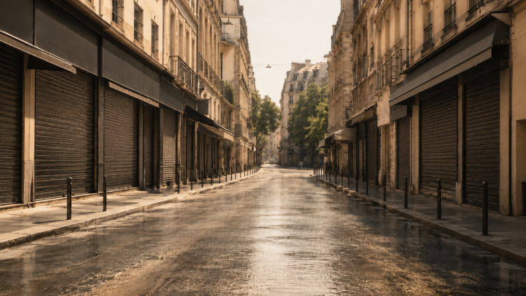 Rue de ville francaise deserte a midi pendant la canicule, air surchauffe au-dessus de l'asphalte vide