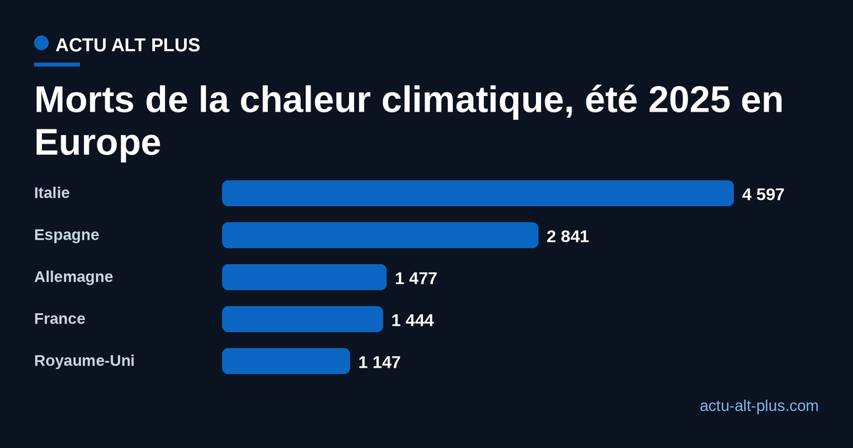 Décès attribuables au changement climatique durant l'été 2025 : Italie 4 597, Espagne 2 841, Allemagne 1 477, France 1 444, Royaume-Uni 1 147