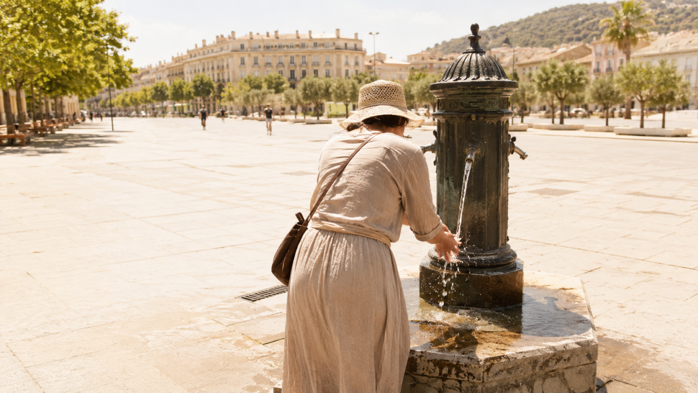 Une place de ville écrasée par la canicule, une fontaine publique au premier plan et une silhouette anonyme qui se rafraîchit