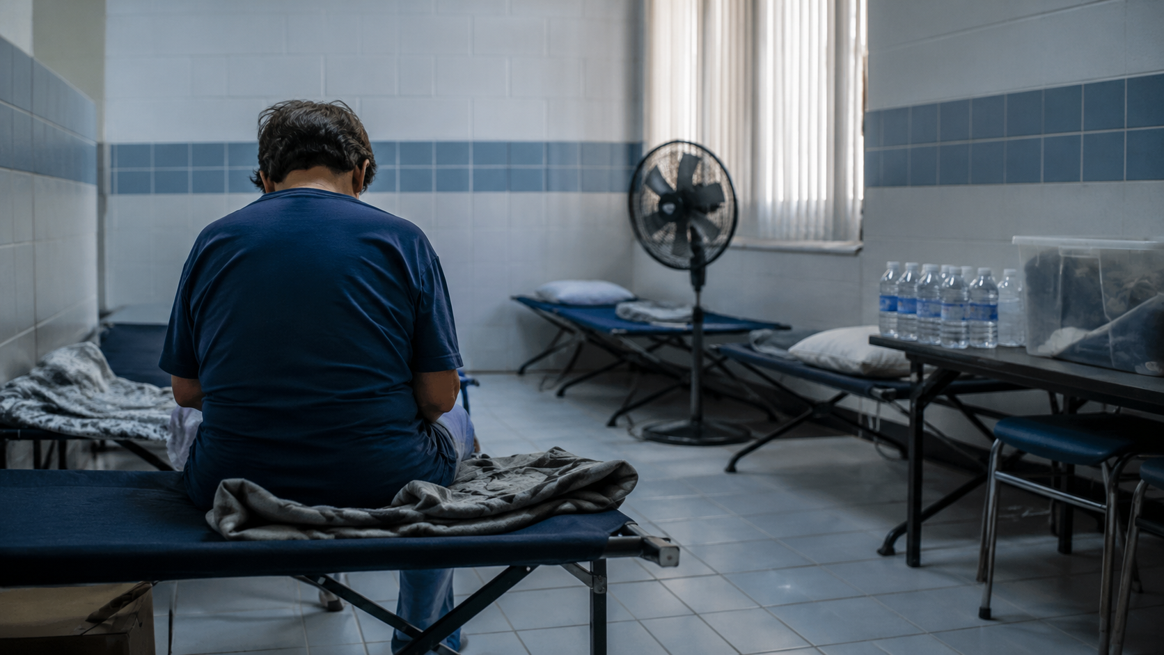 Une salle fraîche équipée de lits pliants, de bouteilles d'eau et d'un ventilateur, une personne anonyme de dos au repos