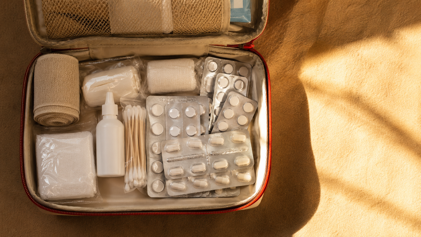 Trousse à pharmacie ouverte avec des plaquettes de comprimés, vue de dessus