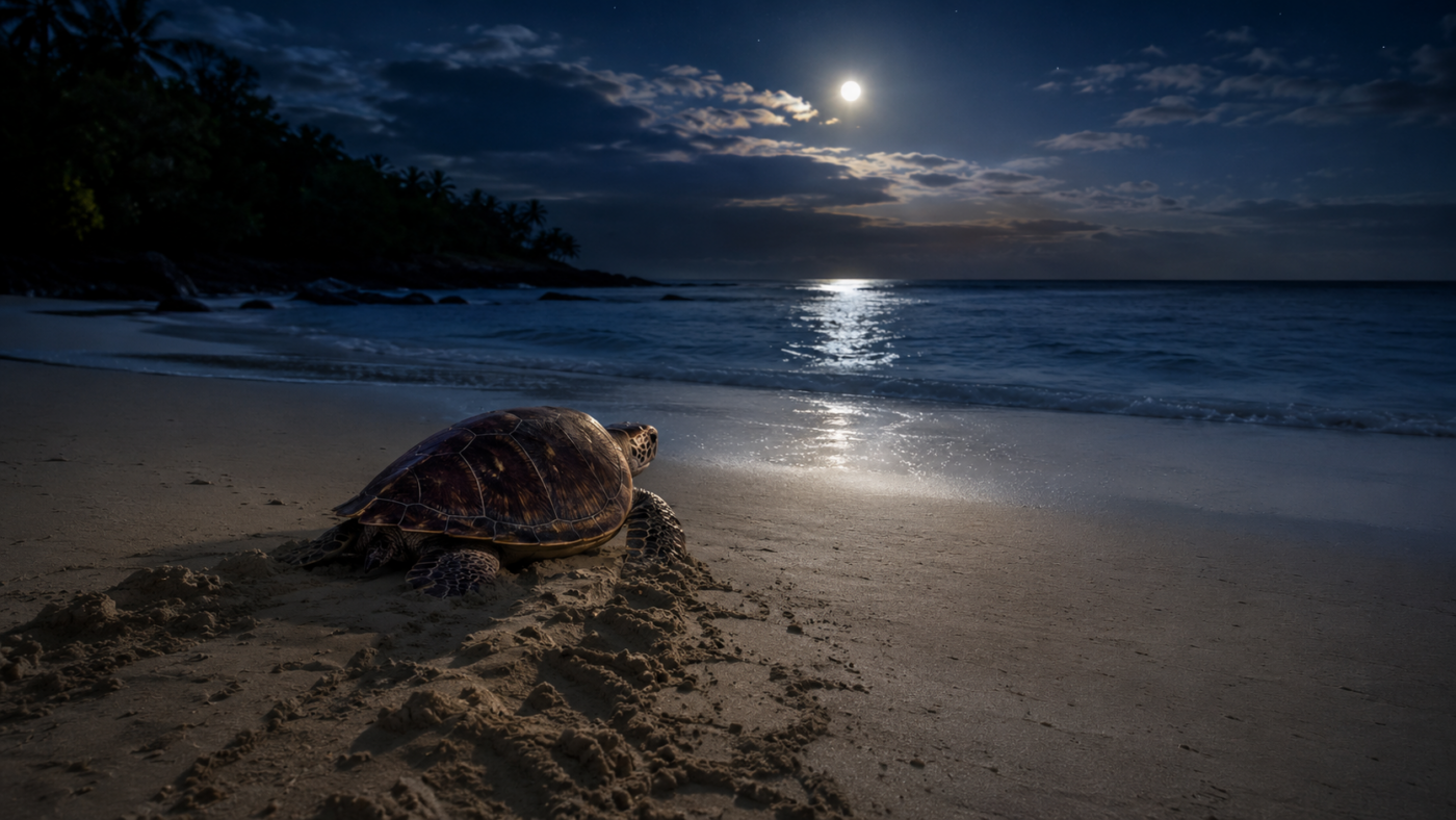 Une tortue caouanne remonte une plage tropicale sous la lune, ses traces dans le sable