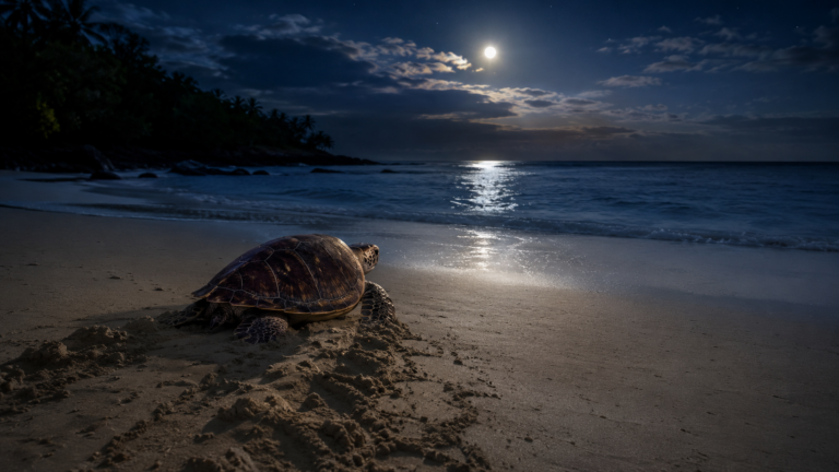 Une tortue caouanne remonte une plage tropicale sous la lune, ses traces dans le sable