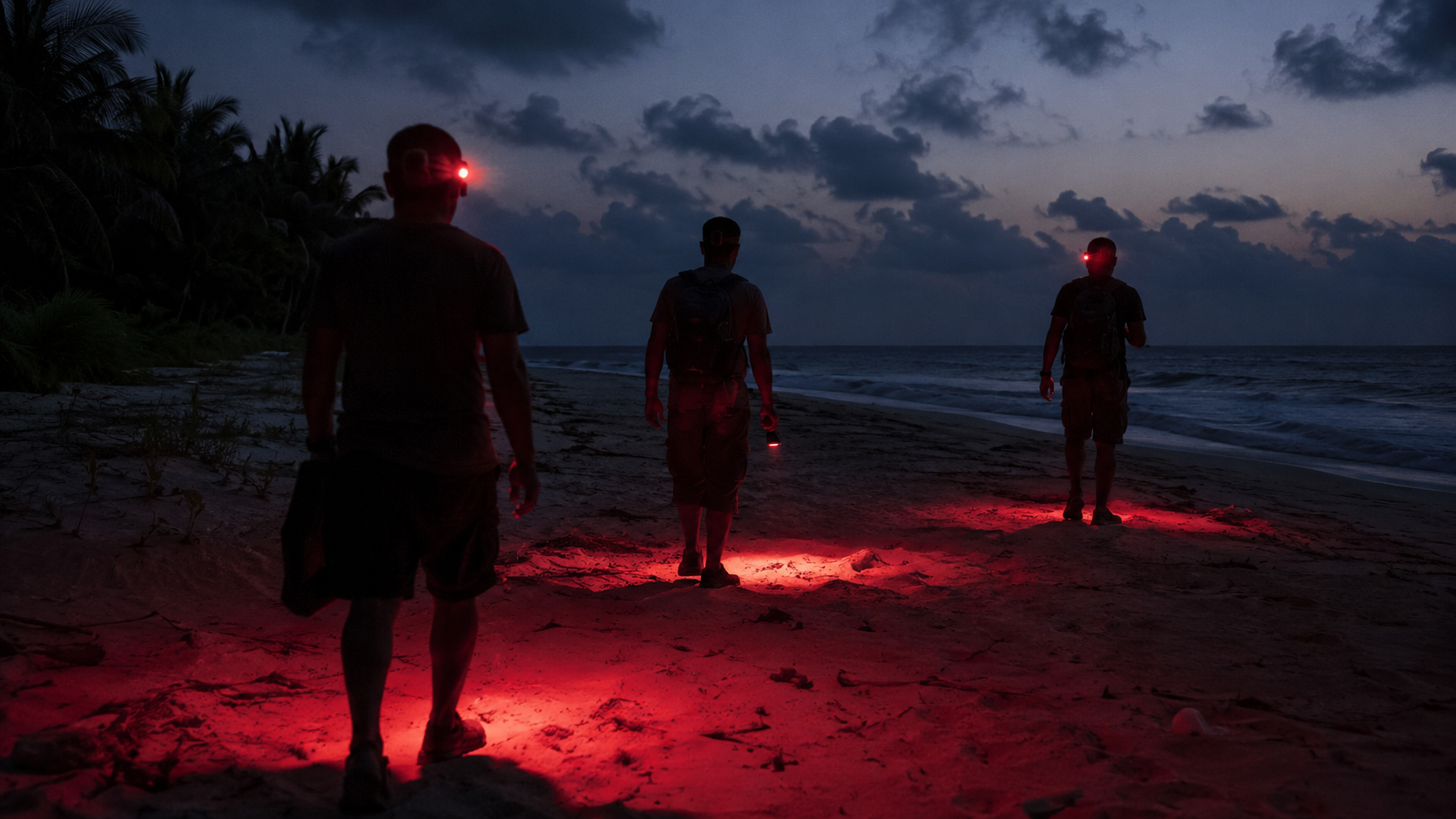 Une équipe de patrouille de nuit scrute le sable d'une plage tropicale au crépuscule