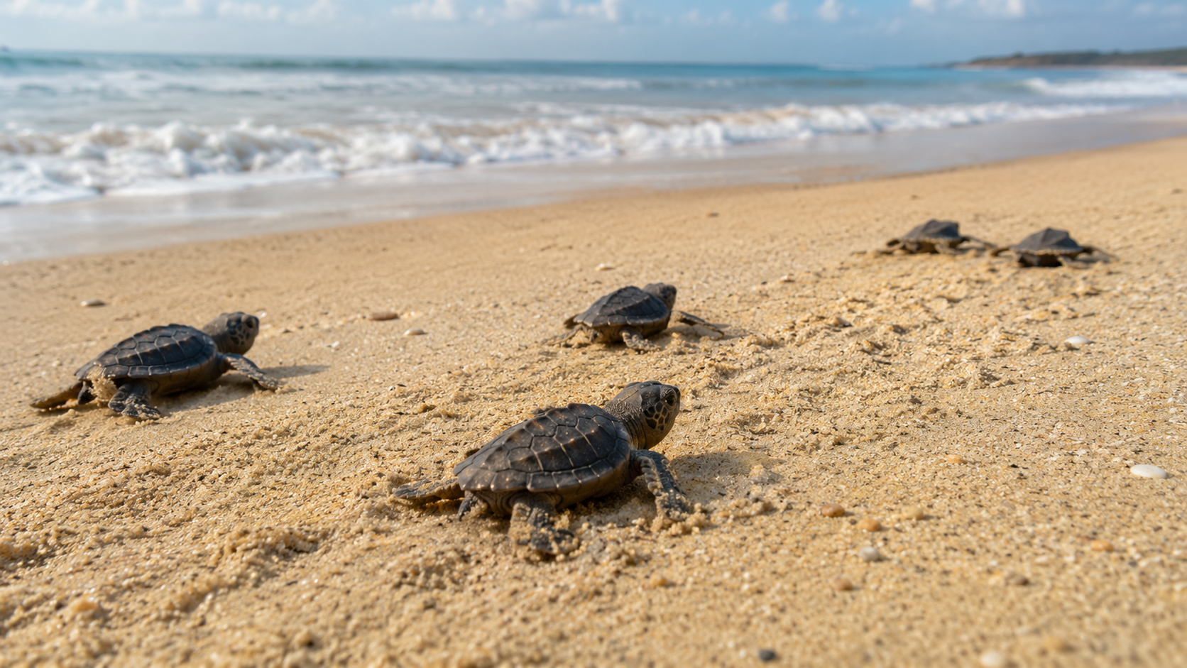 De jeunes tortues caouannes traversent le sable clair vers l'océan