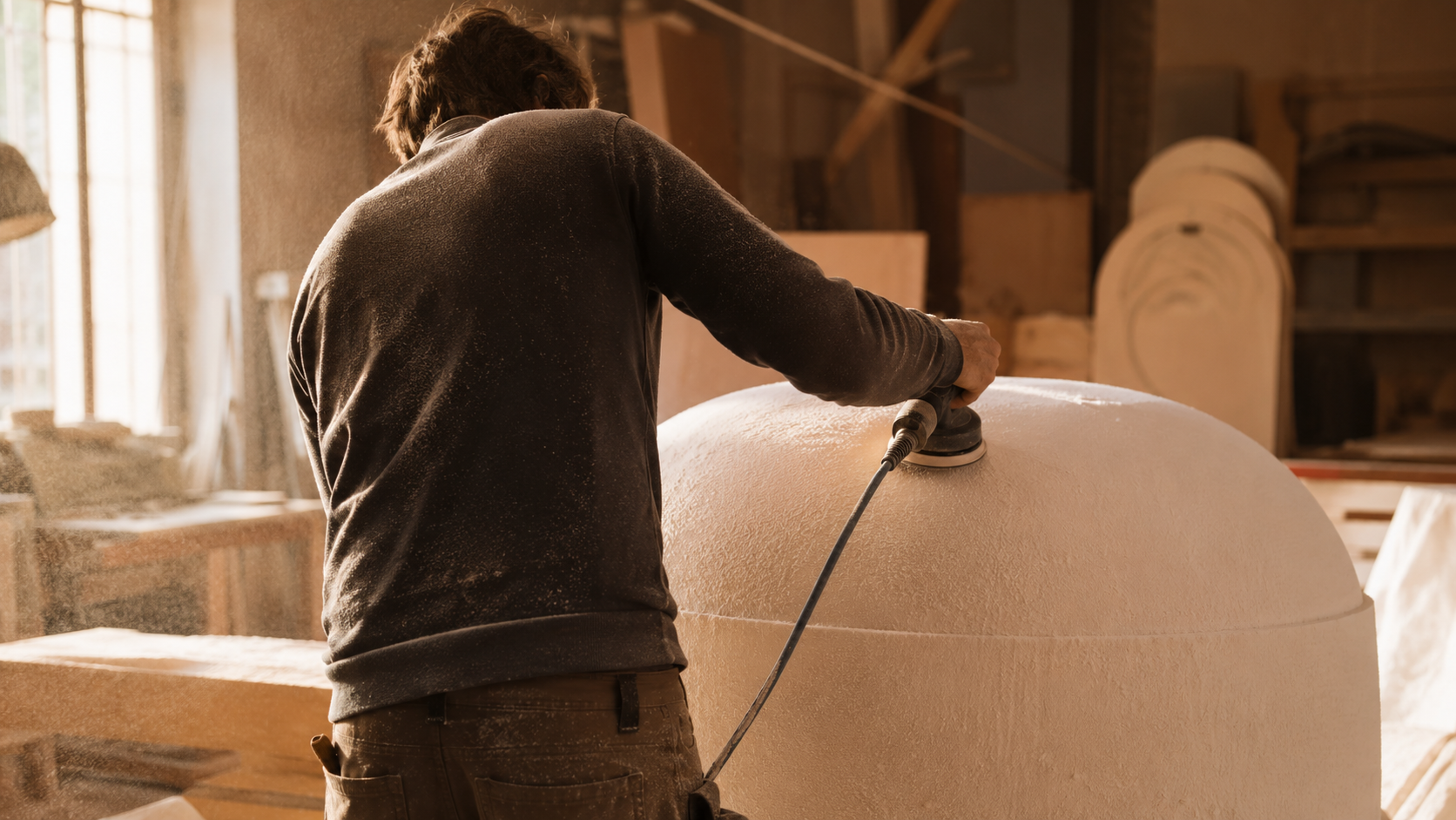 Un menuisier vu de dos ponce une forme géante en atelier, poussière de bois dans la lumière