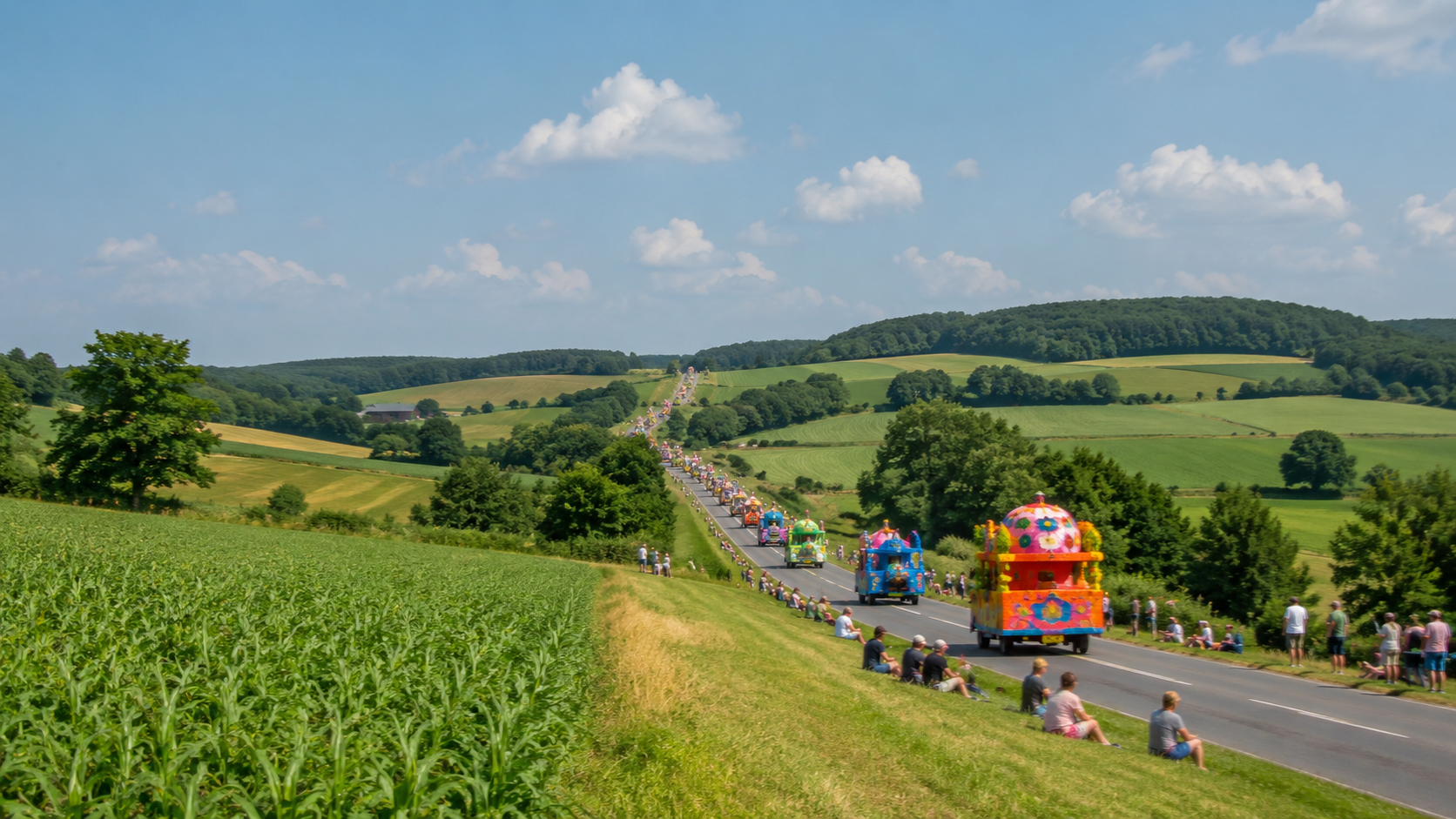 Un cortège coloré de chars fantaisistes vu de loin sur une route de campagne en été