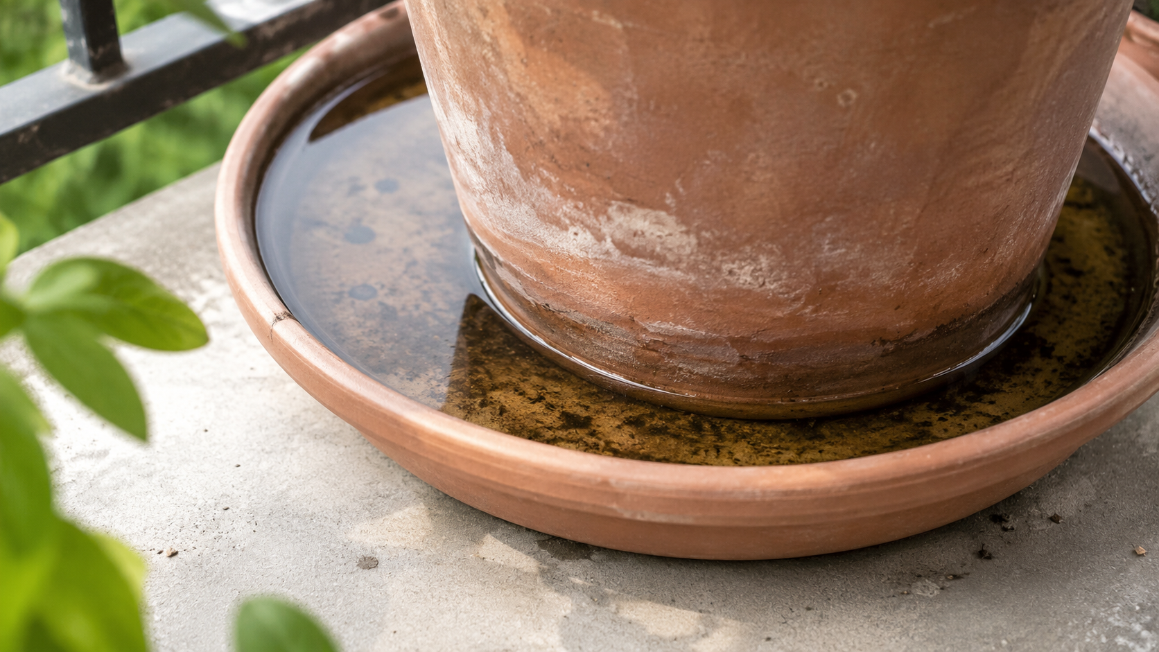 Une soucoupe d'eau stagnante sous un pot de fleurs sur un balcon ensoleillé