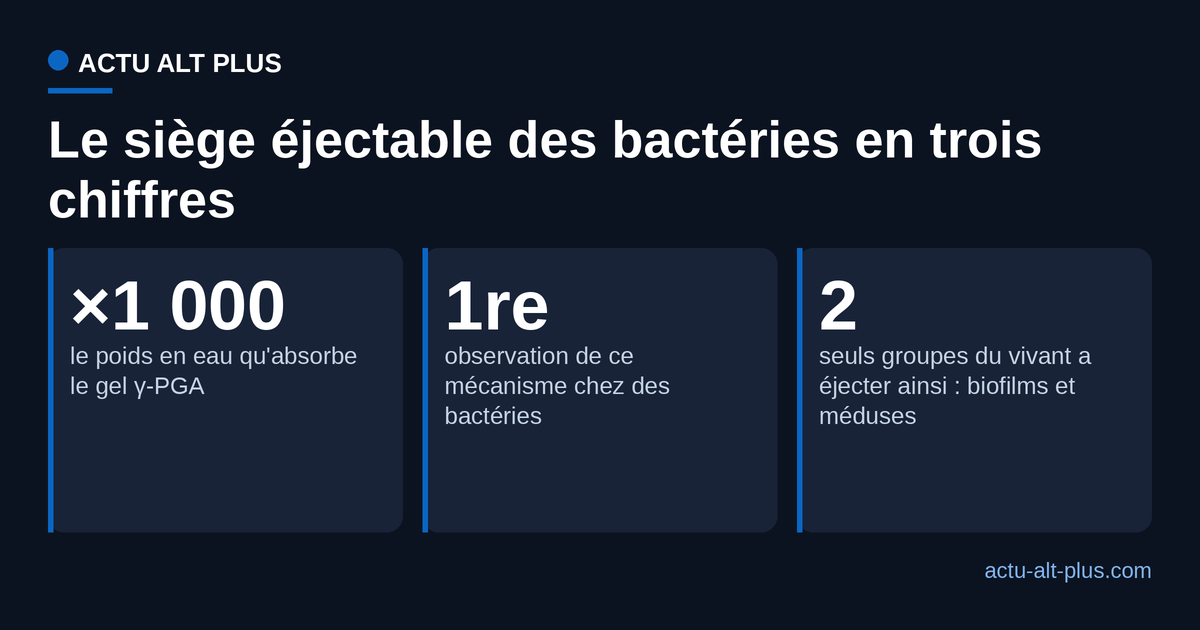 Trois chiffres clés du mécanisme : un gel qui absorbe mille fois son poids en eau, une première observation chez des bactéries, deux seuls groupes du vivant capables de ce geste