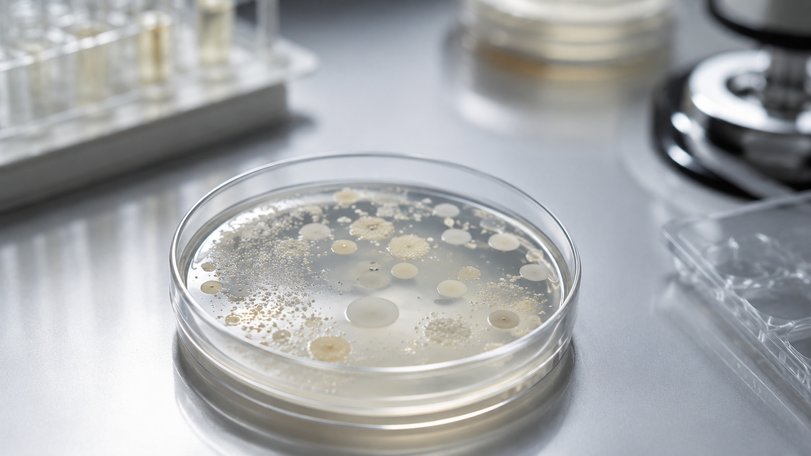 Une boîte de Petri avec des colonies bactériennes sur une paillasse de laboratoire