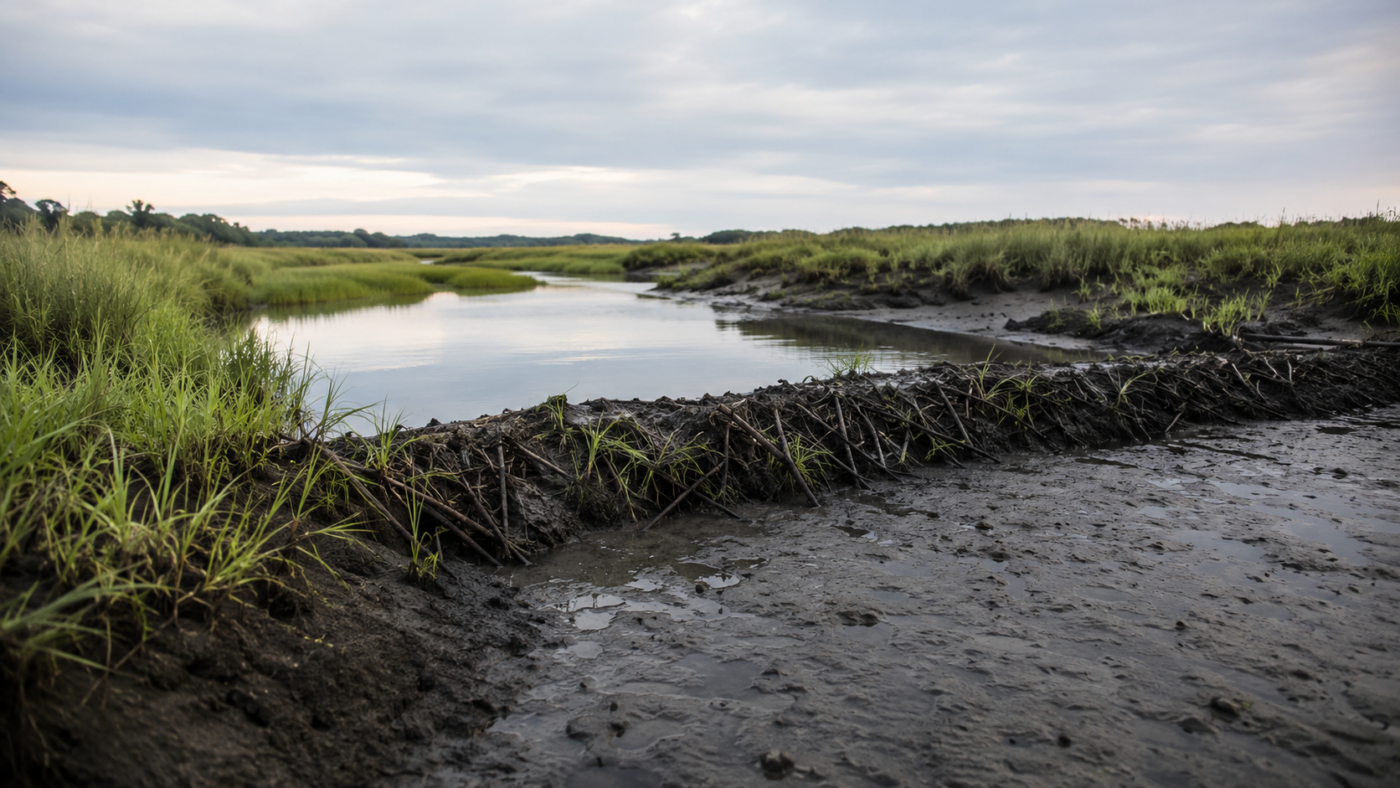Un barrage de branches et de boue barre un chenal étroit dans un marais côtier à marée basse