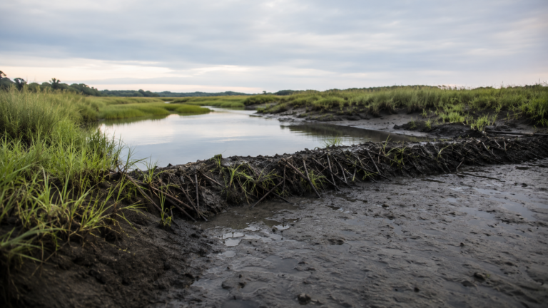 Un barrage de branches et de boue barre un chenal étroit dans un marais côtier à marée basse