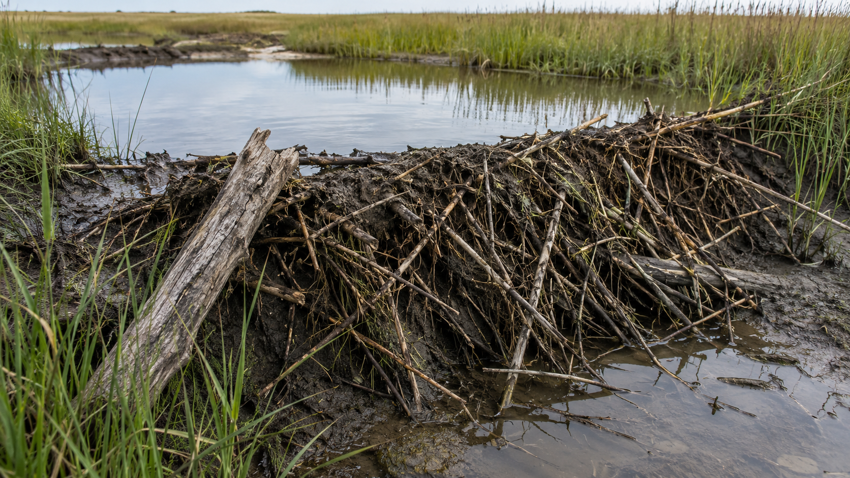 Gros plan sur un barrage de branches colmaté de boue retenant l'eau dans un chenal de marais