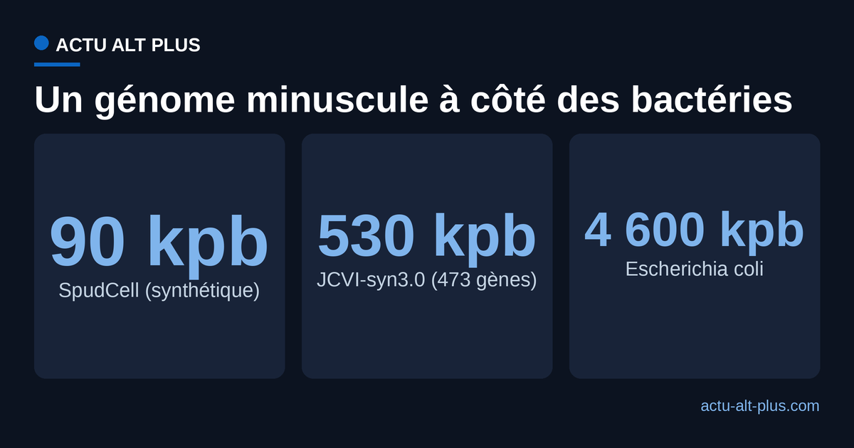 Comparaison de la taille des génomes : SpudCell 90 000 paires de bases, JCVI-syn3.0 environ 530 000, Escherichia coli environ 4,6 millions