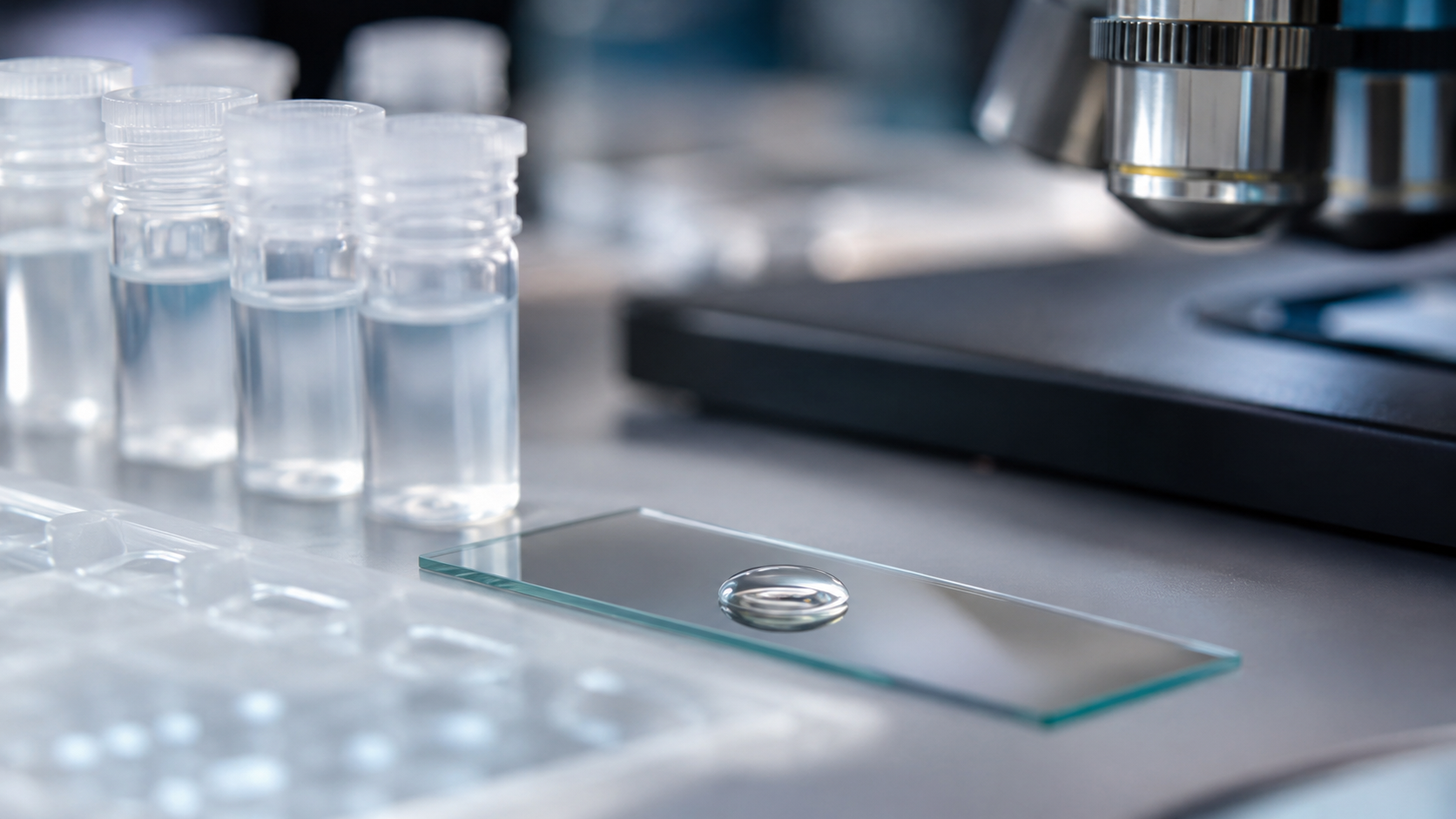 Paillasse de laboratoire avec des flacons transparents et une goutte sur une lame de verre