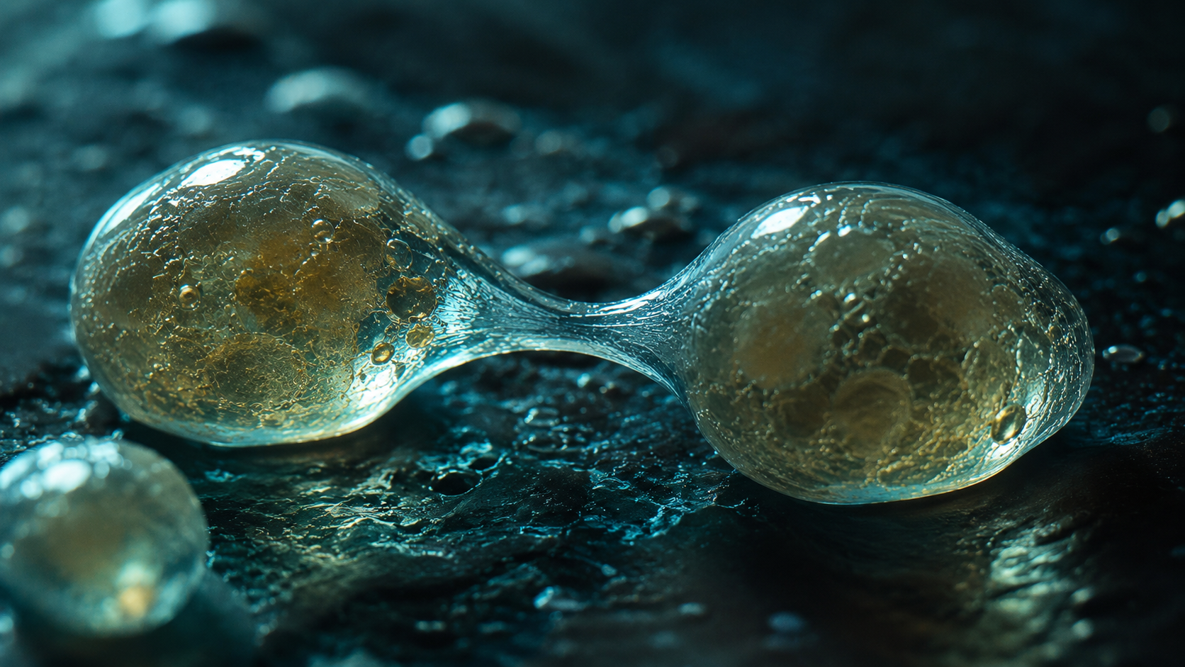 Gros plan d'une gouttelette translucide se pinçant en deux sur une surface sombre