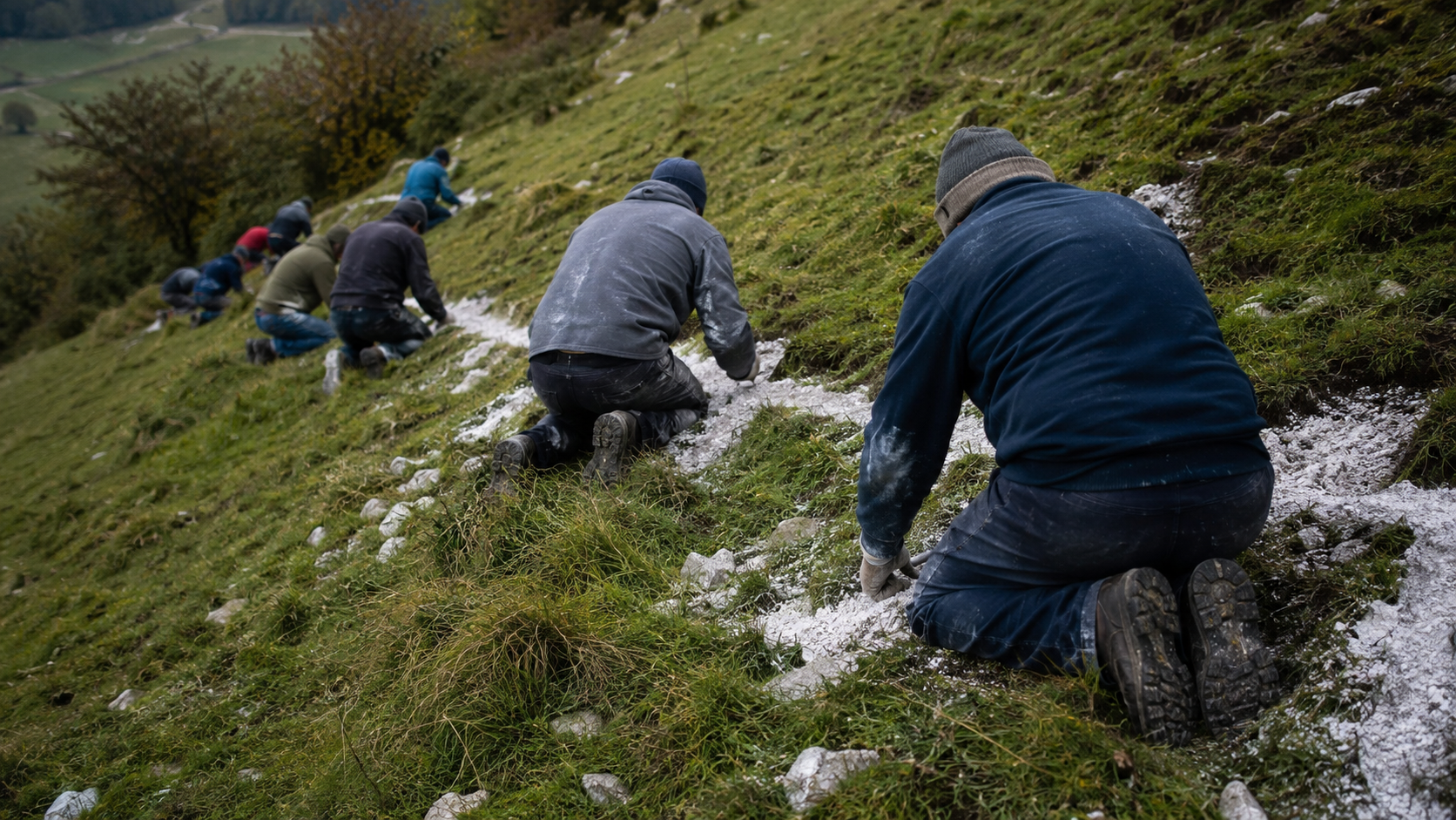 Bénévoles vus de dos tassant de la craie à la main sur une pente herbeuse