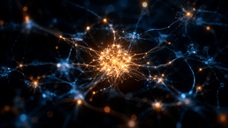 Reseau de neurones artificiels abstrait avec un petit amas de noeuds plus lumineux au centre
