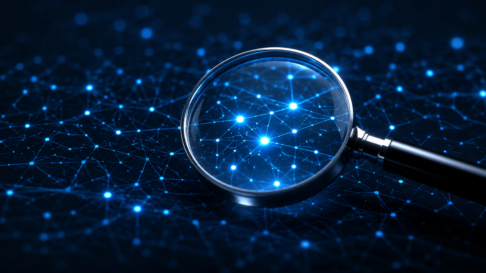 Une loupe abstraite au-dessus d'un maillage de circuits lumineux révélant quelques noeuds éclairés