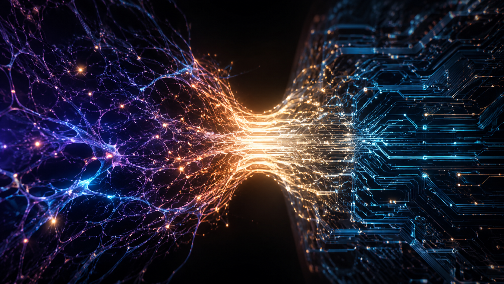 Deux réseaux lumineux, l'un façon neurones l'autre en circuits, convergeant vers un canal central plus brillant