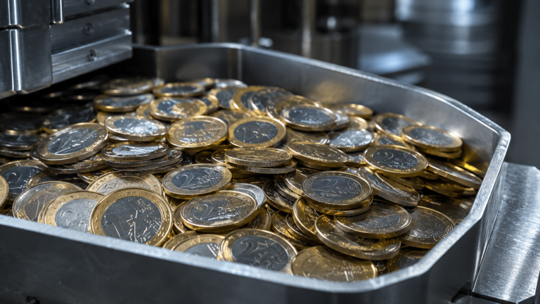 Un tas de pièces d'euro neuves brillantes sur un plateau métallique dans un atelier monétaire