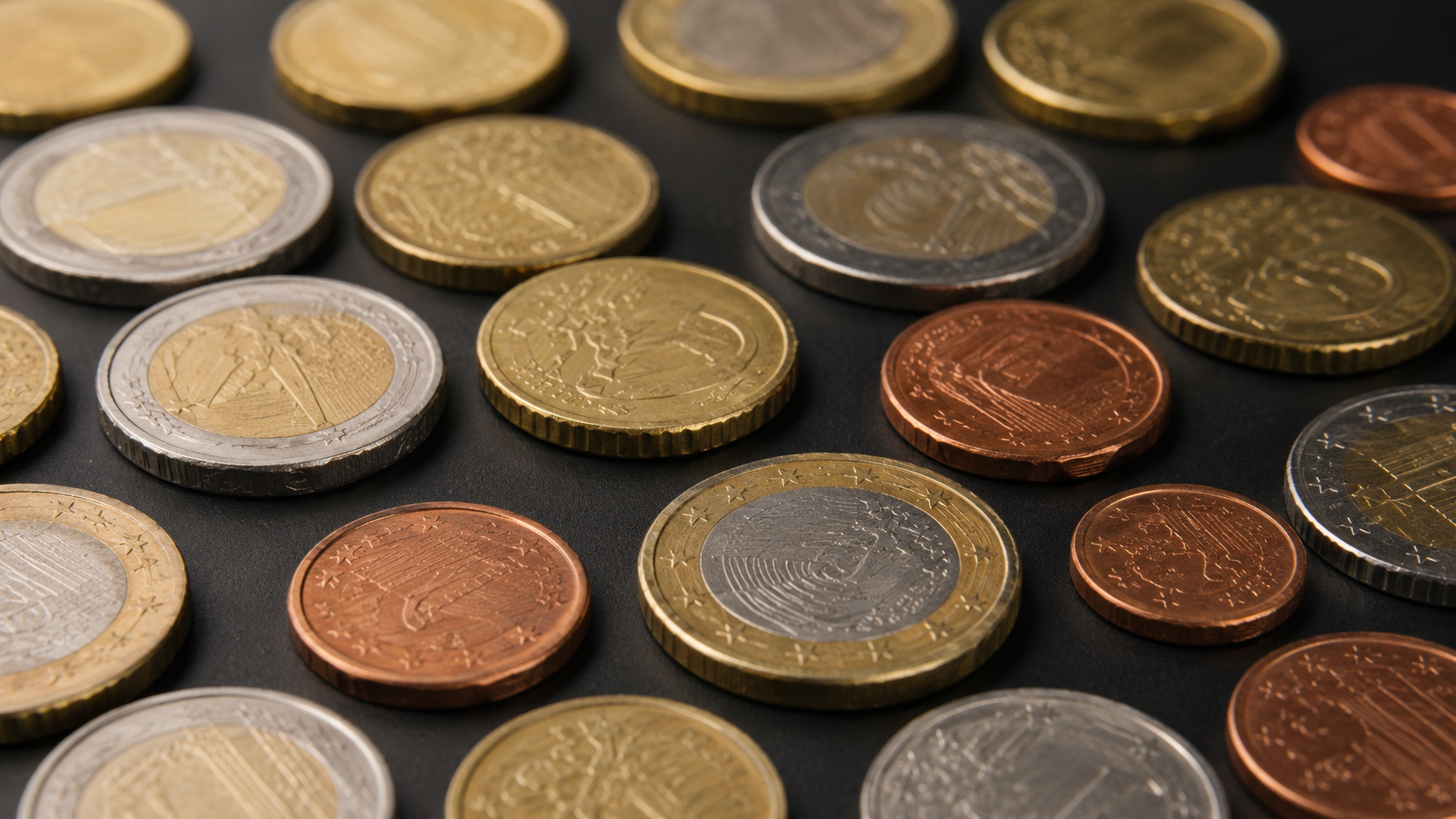 Des pièces d'euro variées de plusieurs pays alignées sur une surface sombre