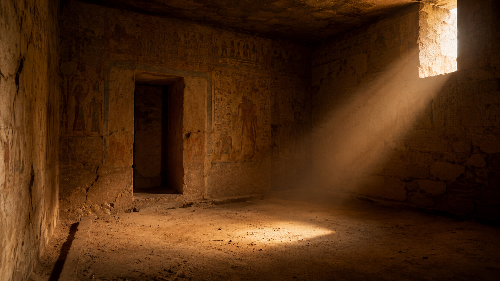 Intérieur sombre d'une chambre de tombe égyptienne aux murs de pierre, un rai de lumière chaude sur le sol sablonneux