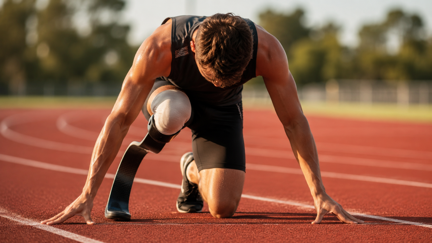 Un jeune sprinteur handisport equipe d'une lame en carbone, concentre sur une piste d'athletisme l'ete