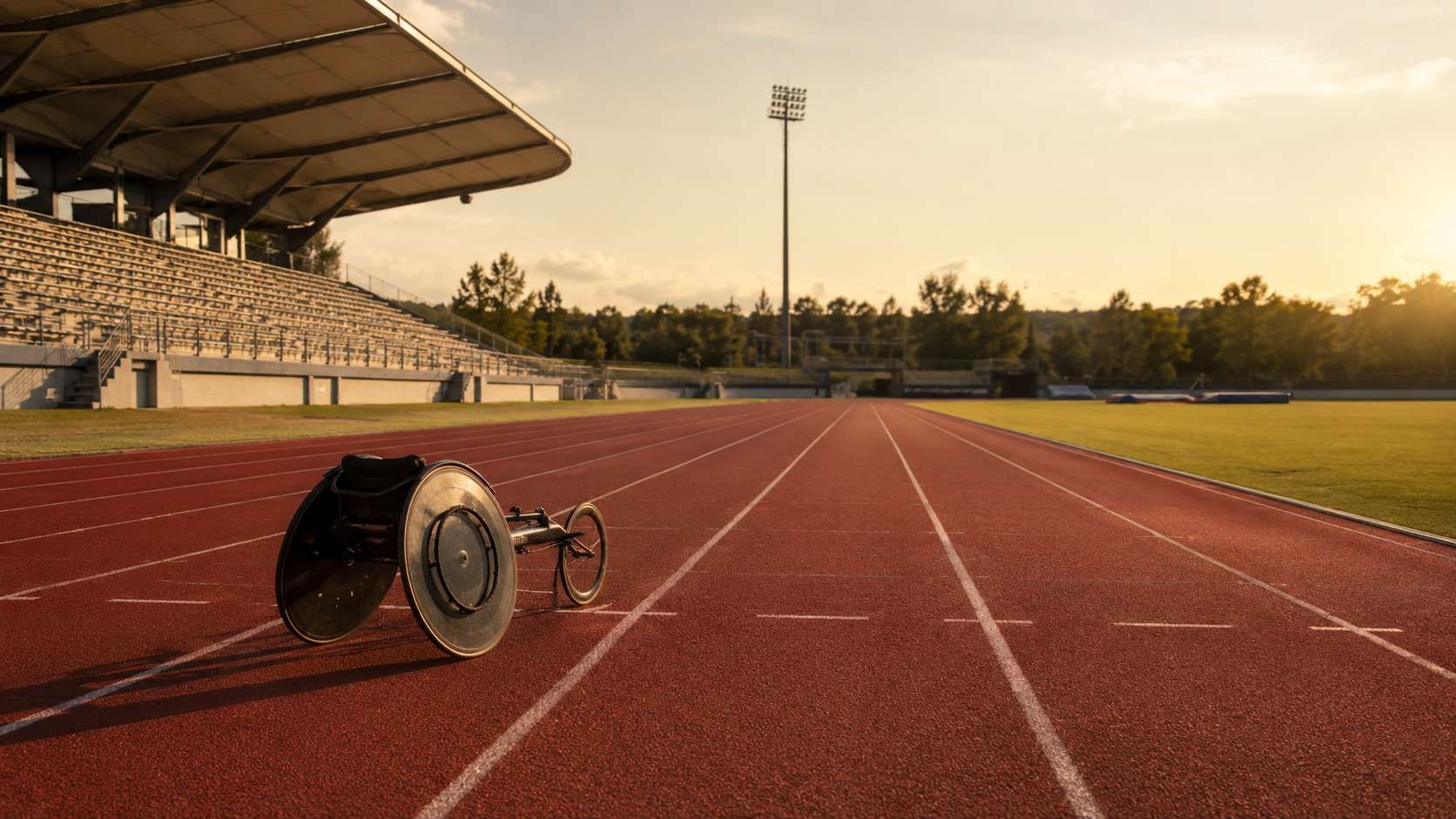 Une piste d'athletisme de region et un fauteuil de course pose pres de la ligne de depart