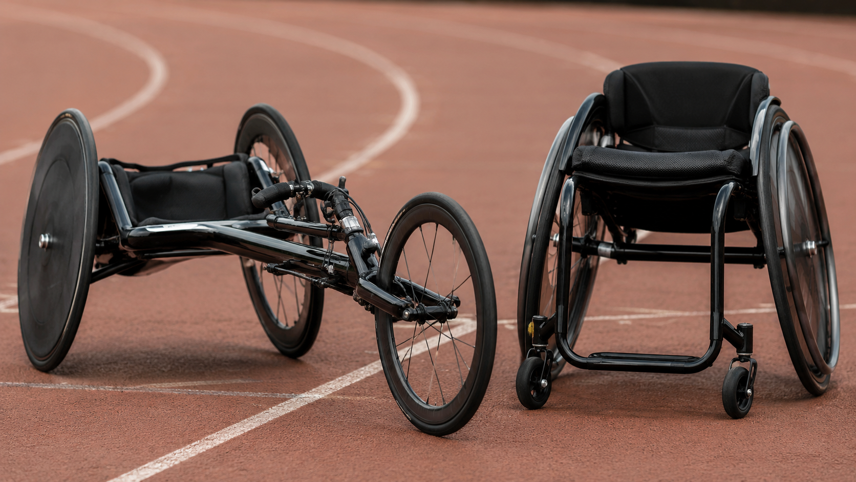 Un cadre de course a trois roues et un fauteuil de course sur une piste d'athletisme