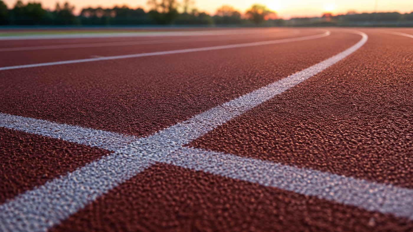 Piste d'athlétisme rouge vide en gros plan sur les lignes blanches, à l'aube.