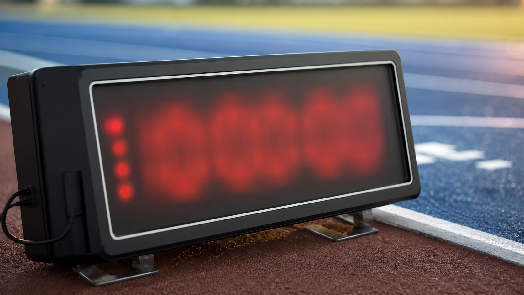 Chronomètre de stade générique vu de trois-quarts, sans chiffre lisible.